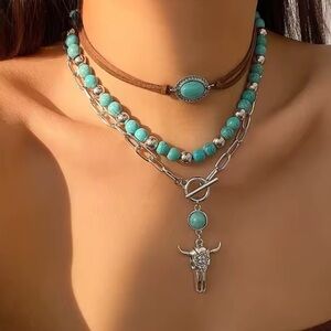 3x silver necklaces SET! Boho Turquoise and Silver Necklace. Pendant. Texas Bull
